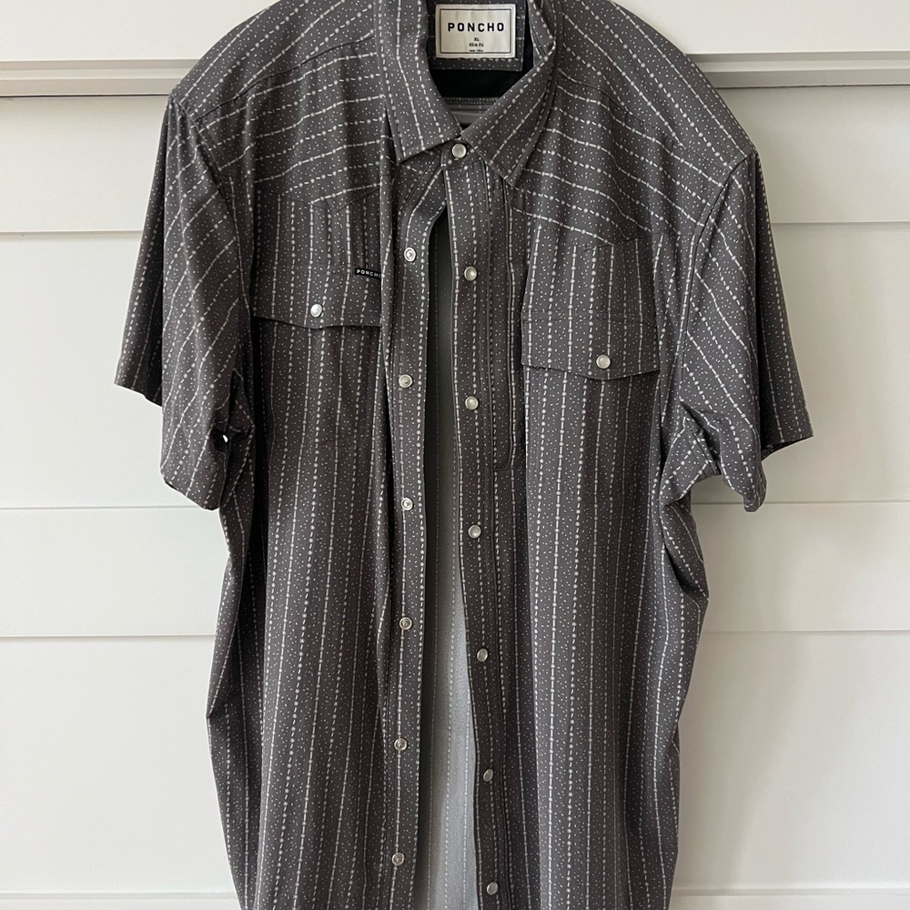 PONCHO Men's Black Striped Short-Sleeve Button-Down Shirt XL Slim Fit